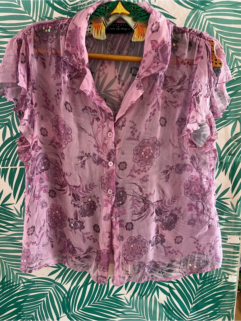 Vintage Silk Light Purple Floral Ruffle-Sleeve Button Front Top w/ sequin sz L